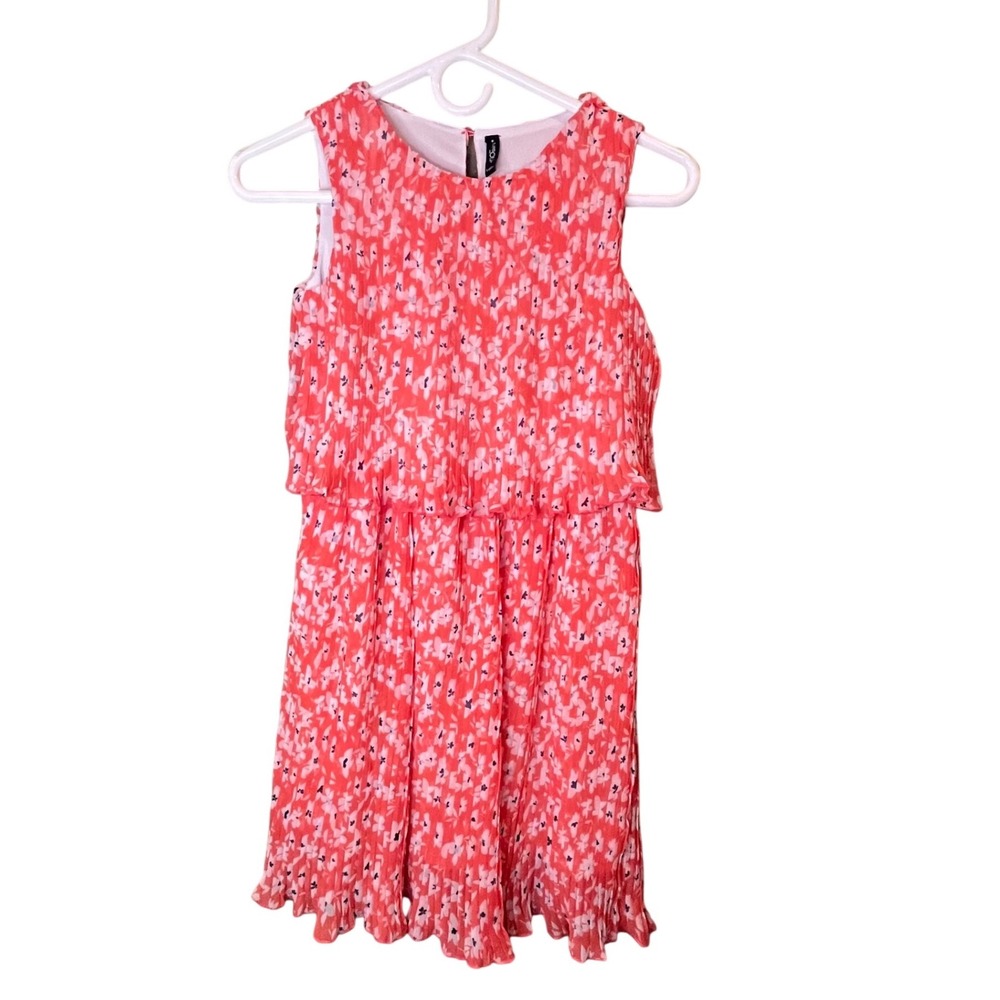 Rio Girl Kids Orange/Peach Floral Pleated Tiered Popover Dress Size 9-10Y